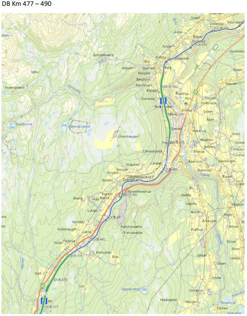 Kart over deler av Dovrebanen med kilometermerking. Kart: Bane NOR