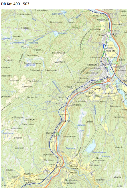 Kart over deler av Dovrebanen med kilometermerking. Kart: Bane NOR