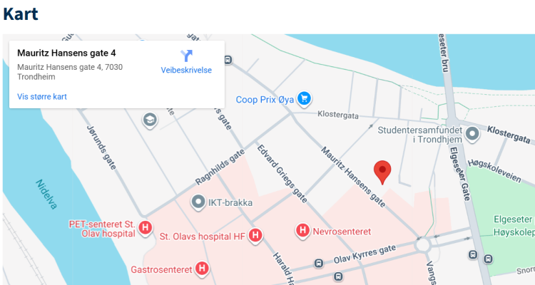 Kart. Adresse til legevakt er Mauritz Hansens gate 4 i Trondheim