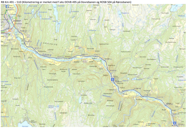 Kart over deler av Rørosbanen med kilometermerking. Kart: Bane NOR