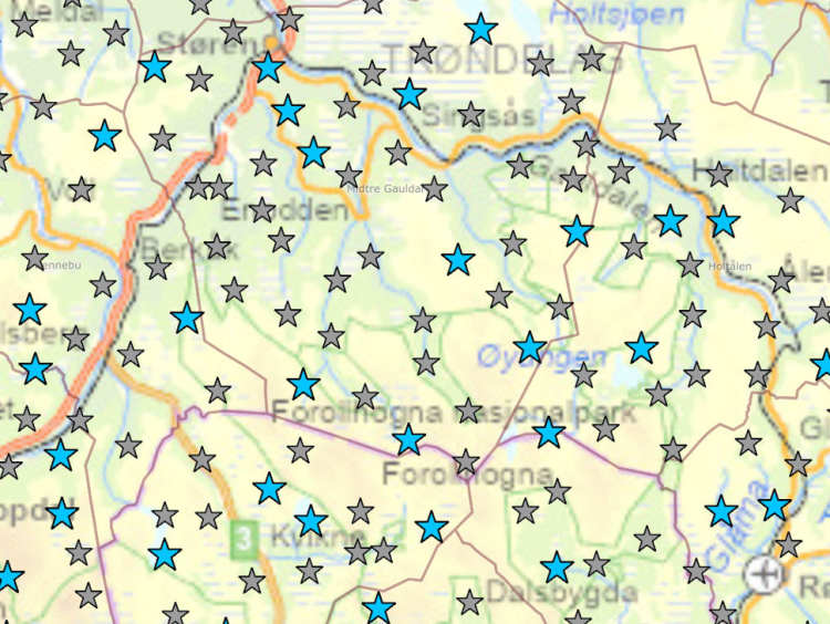 Kart som viser hvor målinger skal skje