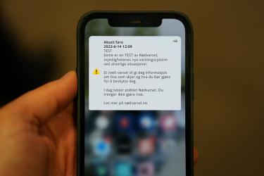 Bilde som viser hvordan nødvarselet vil se ut på mobilen når det sendes ut onsdag 14. juni rundt kl. 12. Foto: DSB (Direktoratet for samfunssikkerhet og beredskap)