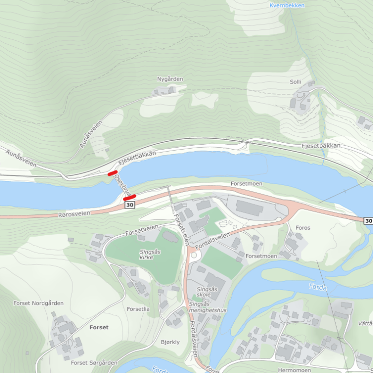 Kart som viser Singsås og Osøy bru.
